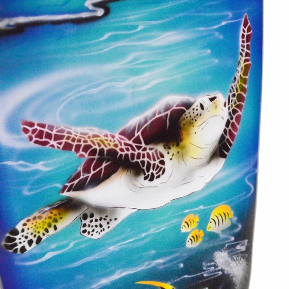 Hand Carved Wooden Large SEA TURTLE Palm Tree Sunset Ocean Coral Fish Surfboard